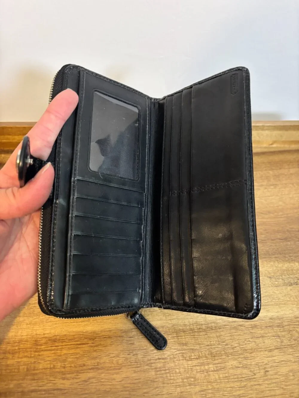 Coach Black Signature White Black Stripe Zip Around Accordion Wallet
